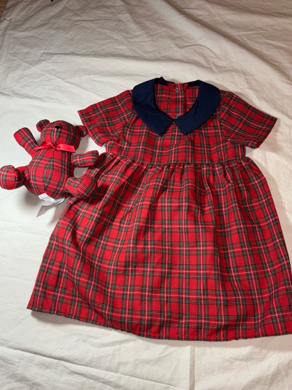 B.Boutique by Evergreen holiday dress and bear plaid,baby 0-6mos,with NavyCollar